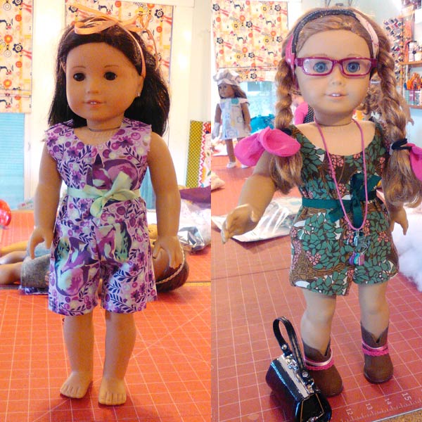 Two American Girl dolls in custom outfits made in sewing class