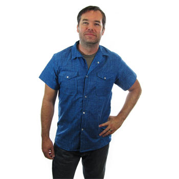 Man modeling blue button down shirt