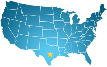 Map of United States with star on Austin, Texas
